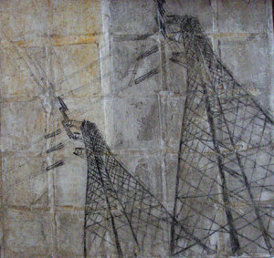 discretamente nella nostra incuranza, di convivenze n. 7, 56x56, tecnica mista su tela, 2007