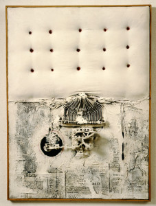 Lucio Del Pezzo, Le preoccupazioni di un padre di famiglia, 75 x 100 cm, tecnica mista su tela, 1961
